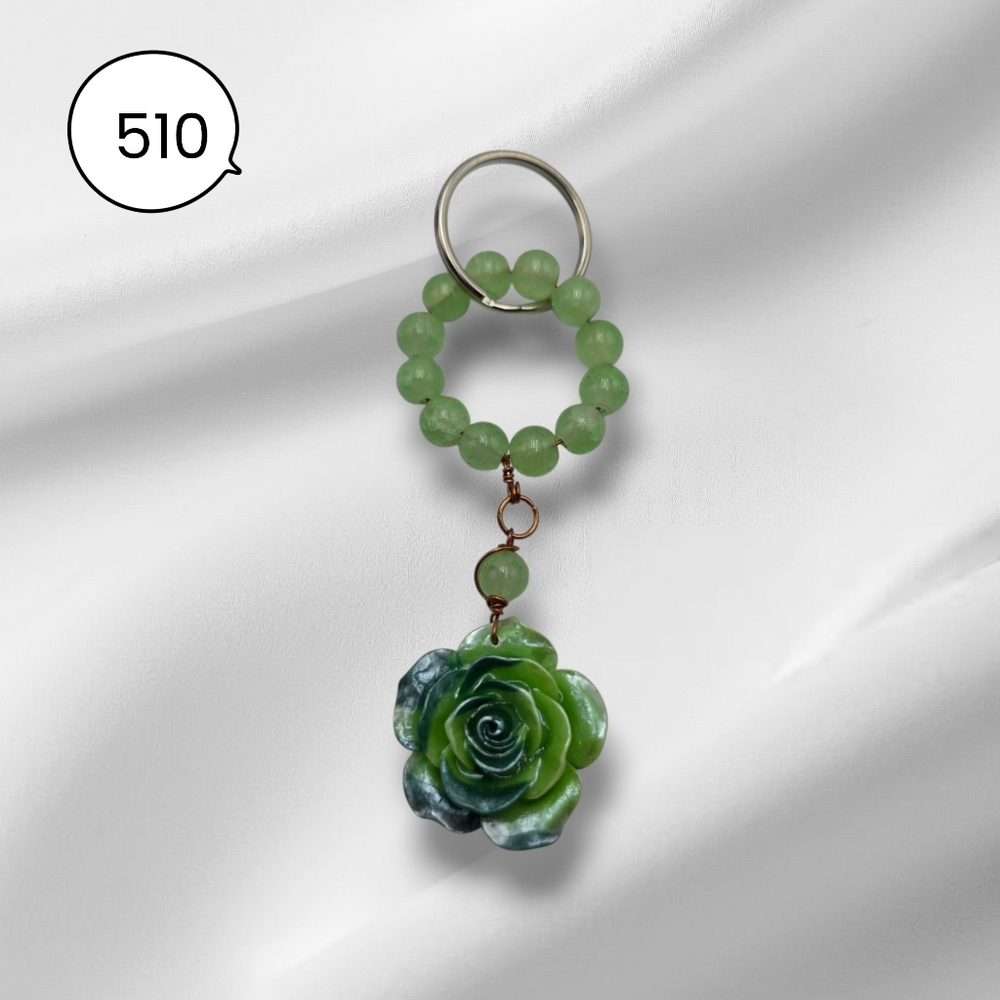 Handmade Green Beaded Keychain with Green Rose Pendant